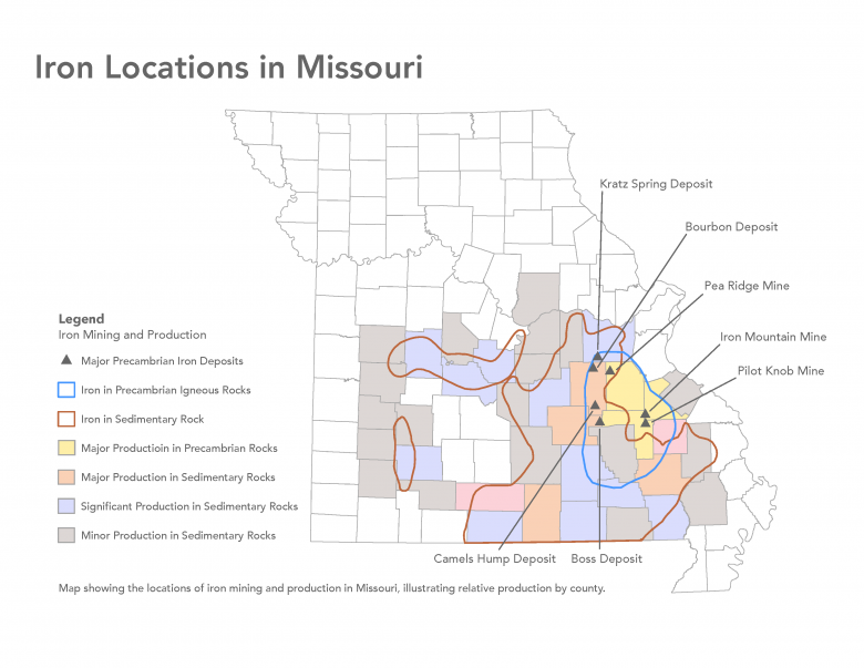 Iron Locations map. Map depicting locations of iron mining and production in Missouri, illustrating relative production by county.
