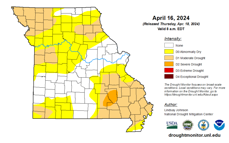 Missouri map with county lines and different colors to indicate the intensity of any drought conditions as of April 16, 2024