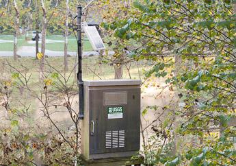 Metal box with an antenna that contains streamgage instruments