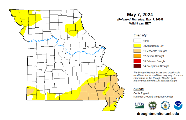 Missouri map with county lines and different colors to indicate the intensity of any drought conditions as of May 7, 2024