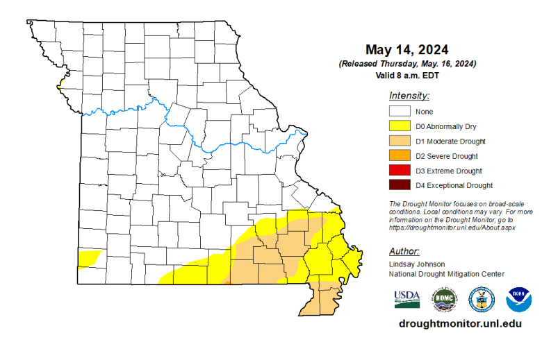 Missouri map with county lines and different colors to indicate the intensity of any drought conditions as of May 14, 2024