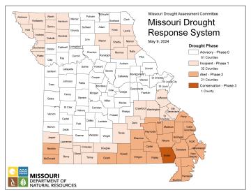 Missouri map with county lines and different colors to indicate the intensity of any drought conditions as of May 9, 2024