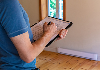 A person holding a clipboard and pen inside an empty room of a home, with a window in the background.