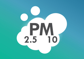 A white cloud with the acronym PM10 for particulate matter and PM2.5 for fine particulate matter