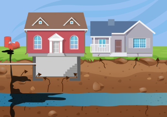 Leaking drums with the chemicals contaminating the soil and moving towards and into the groundwater beneath two homes. The arrows from the contamination depict how vapors from the chemical travel through the soil and into the air in nearby homes.