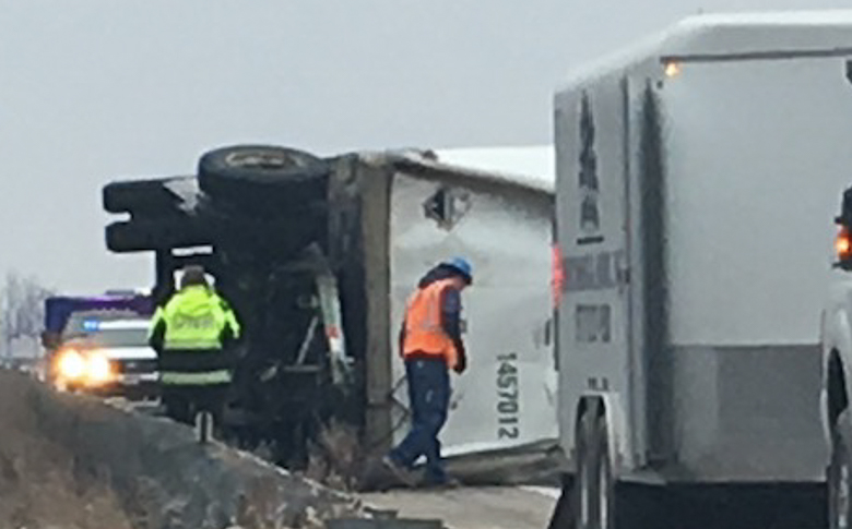 Environmental emergency response Staff responds to an overturned trailer containing hazardous materials that shut down all for lanes of Interstate 44 near Rolla.