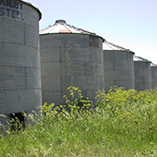 A row of five steel grain bins in an open field