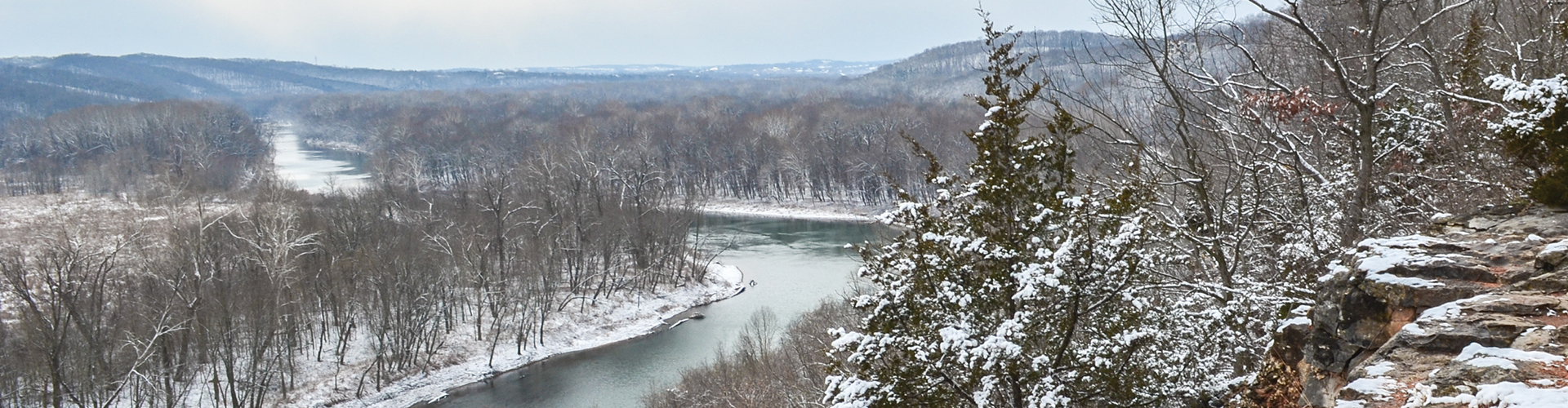 The Meramec River winding through snow-covered Castlewood State Park.
