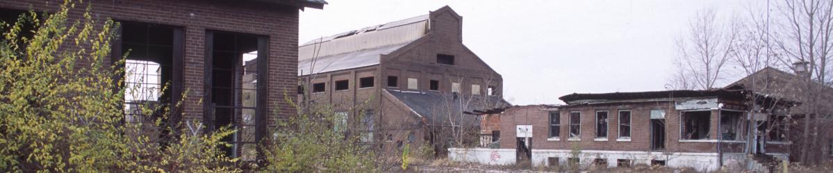 Brownfields property with several dilapidated buildings and weed-covered open spaces 