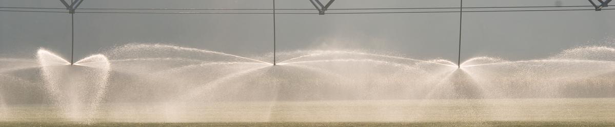 Water spraying from an overhead irrigation system onto cropland