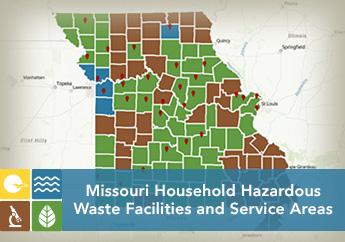 Missouri map with county lines and different colors to indicate locations of household hazardous waste facilities and their service areas