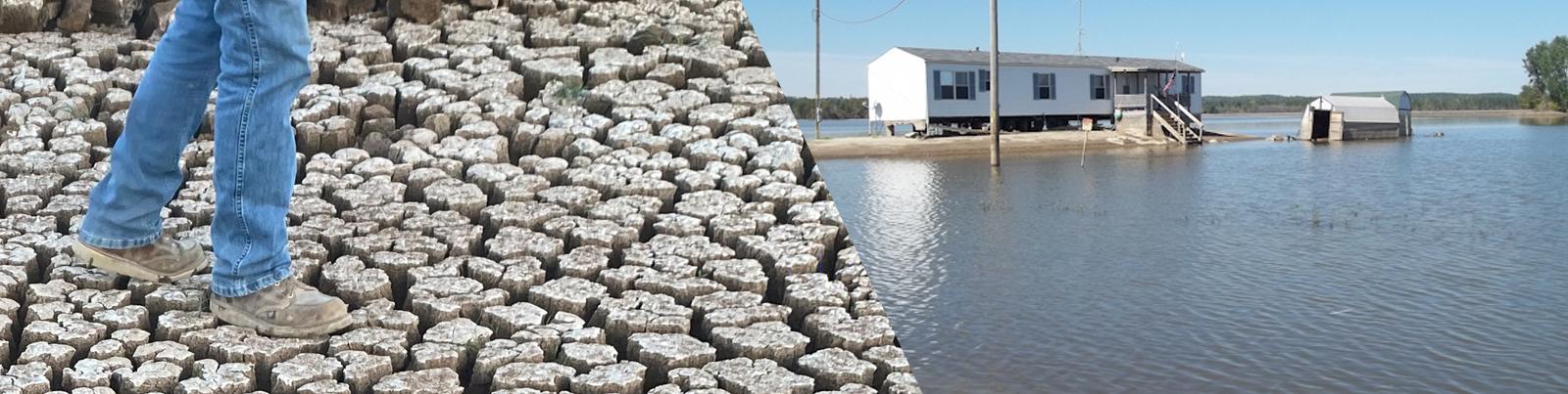 A composite of an individual walking on soil heavily cracked from drought and a trailer surrounded by flooded soil