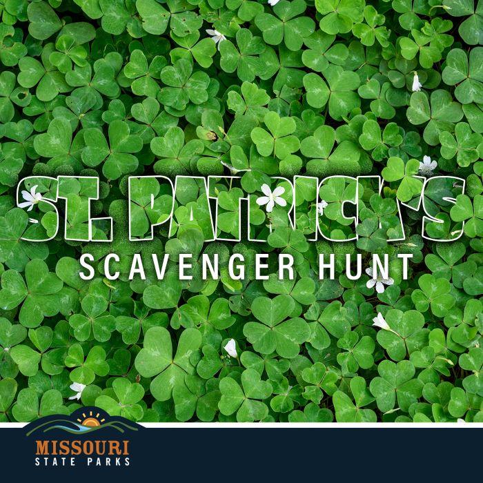 Background of clovers with words “St. Patrick’s Scavenger Hunt.”