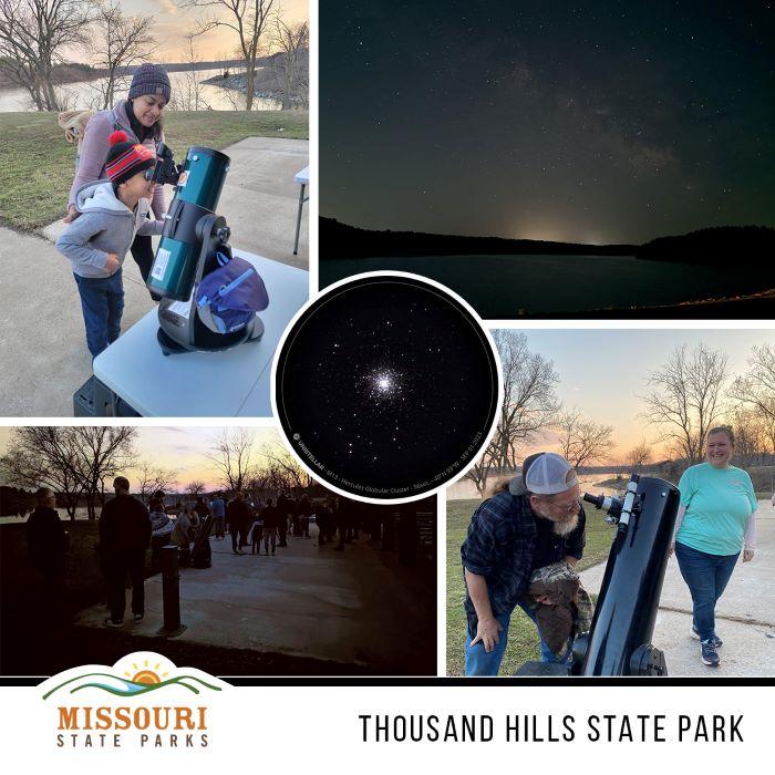 Upper L: child/woman with telescope. Upper R: dark sky-light at horizon. Lower R: man at telescope, woman in background. Bottom L: people at dusk.