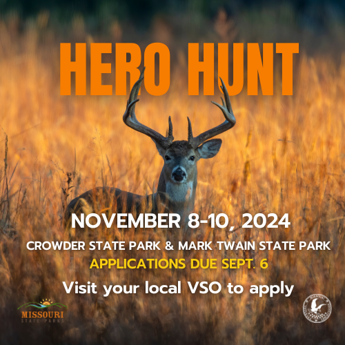 Graphic for Crowder and Mark Twain SPs hero hunt. Buck deer standing in tall grass.