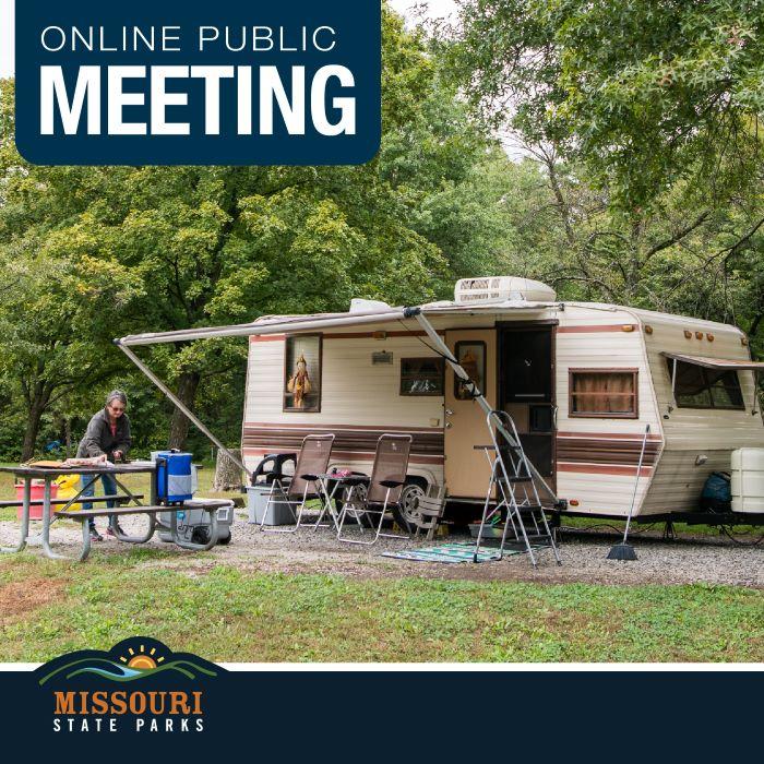 Online public meeting text with pull behind camper set up with awning up, two lawn chairs and person standing at picnic table.