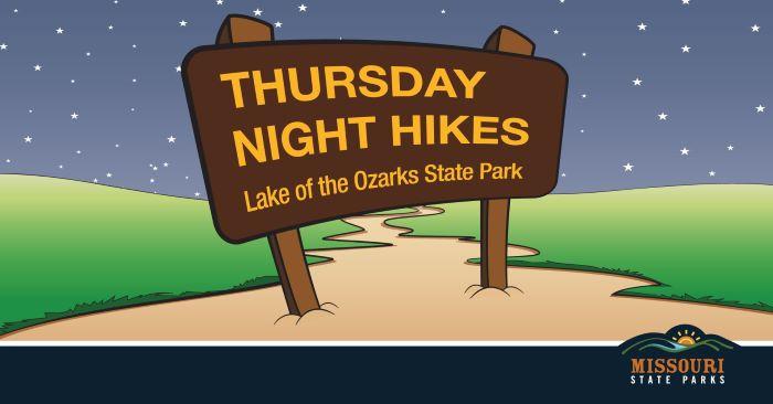 Graphic brown sign and gold text saying “Thursday Night Hikes Lake of the Ozarks State Park” on a trail with green grass under night sky and stars.