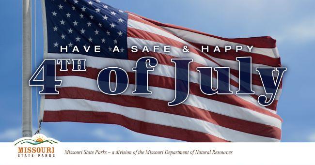 American flag on a flagpole with text “Have a safe and happy 4th of July”