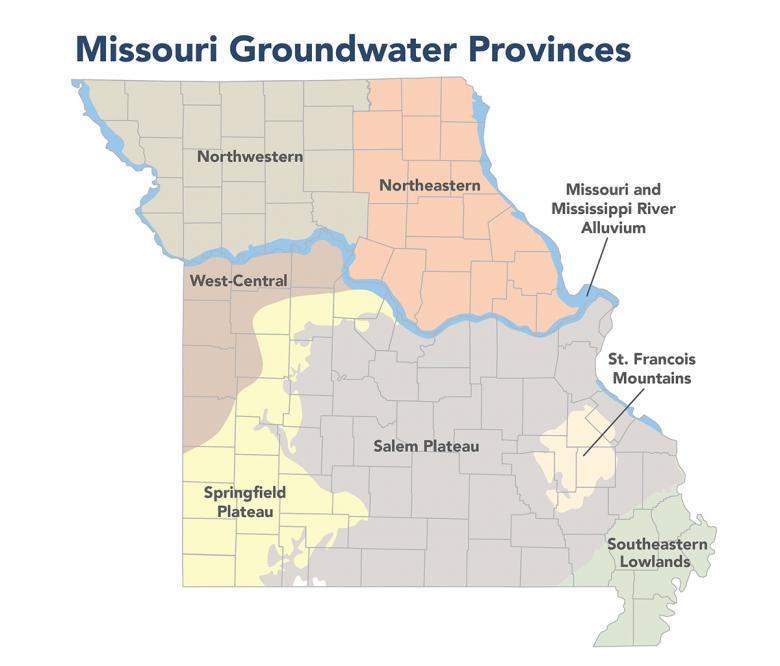 The boundaries of the seven Missouri groundwater provinces depicted on a map of Missouri