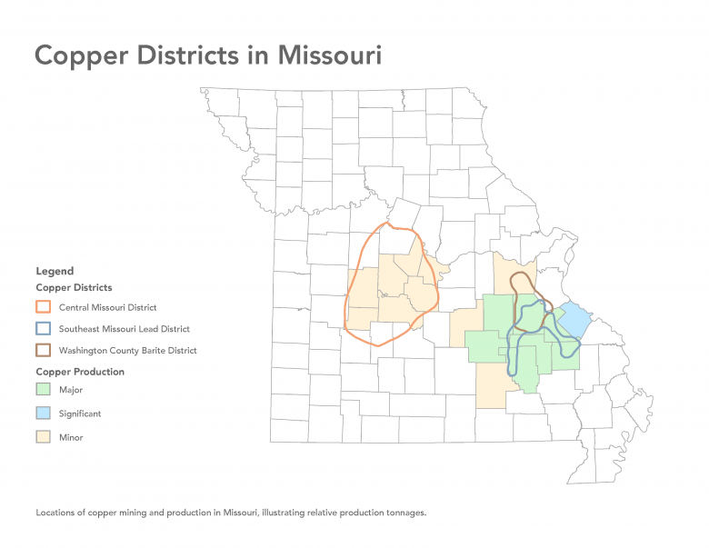 Copper Districts map. Locations of copper mining and production in Missouri, illustrating relative production tonnages.