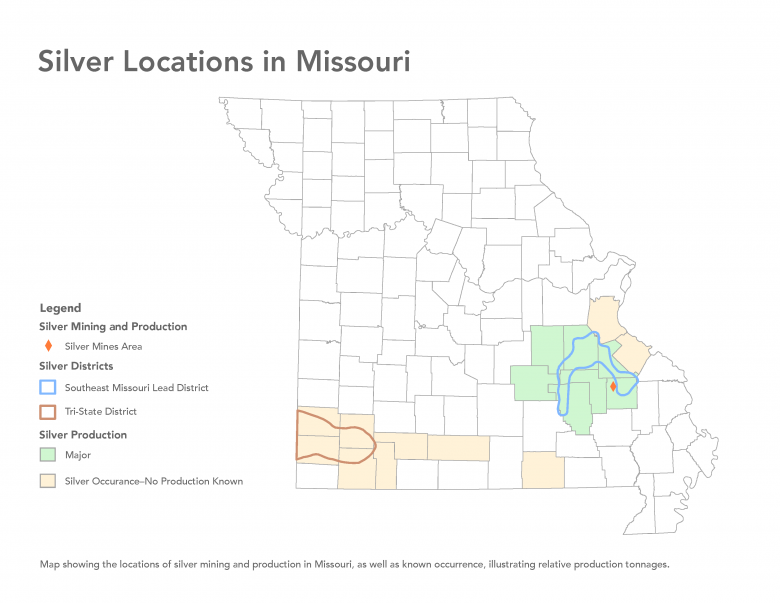 Silver Locations map. Map depicting the locations of silver mining and production in Missouri, as well as known occurrence, illustrating relative production tonnages.