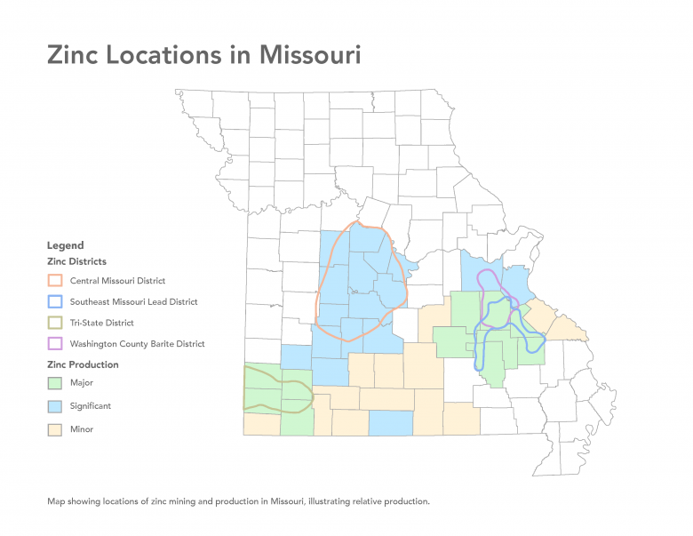 Zinc Locations in Missouri map. Locations of zinc mining and production in Missouri, illustrating relative production.