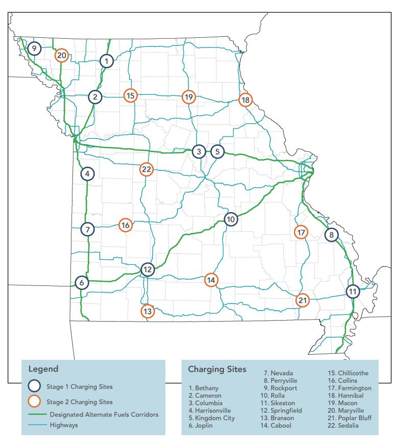 Volkswagen electric vehicle charging station locational map including stations at Bethany (OPEN), Cameron, Concordia, Columbia, Harrisonville, Kingdom City (OPEN), Joplin (OPEN), Nevada, Perryville, Rockport (OPEN), Rolla, Sikeston (OPEN) and Springfield.