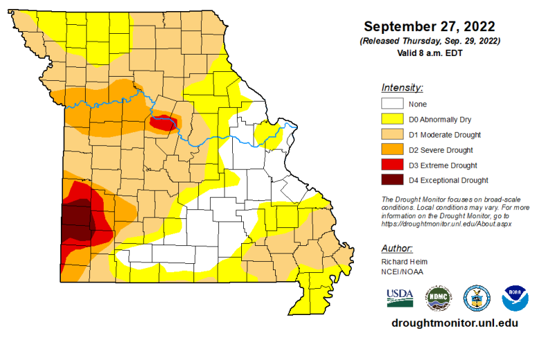 Missouri map with county lines and different colors to indicate the intensity of any drought conditions as of Sept. 27, 2022