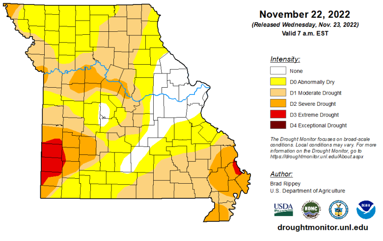 Missouri map with county lines and different colors to indicate the intensity of any drought conditions as of Nov. 22, 2022