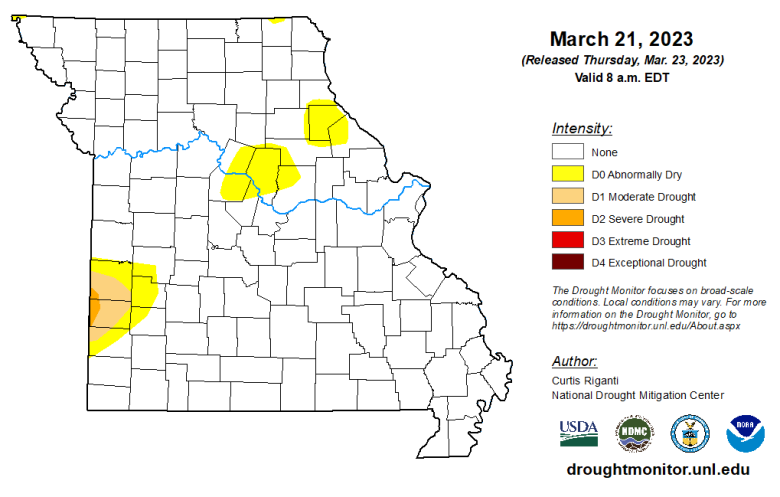 Missouri map with county lines and different colors to indicate the intensity of any drought conditions as of March 21, 2023