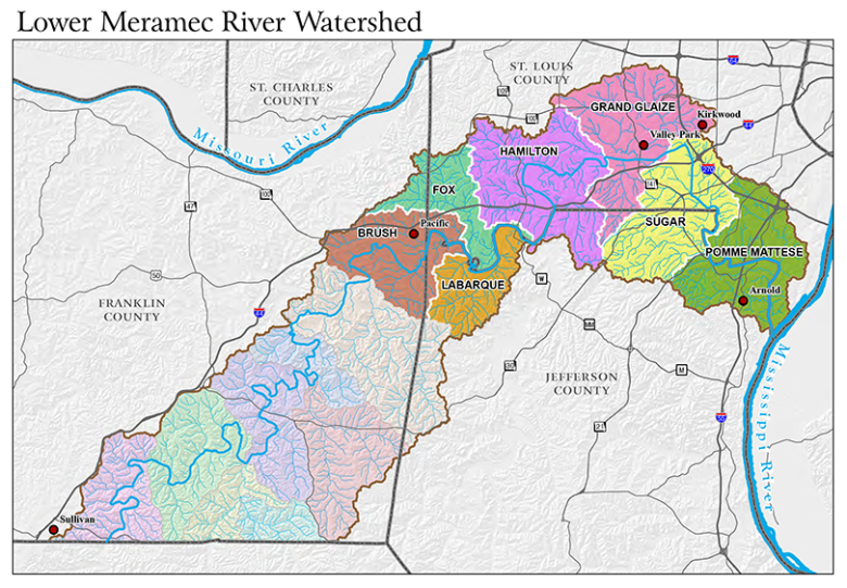 Map of the Lower Meramec River Watershed, outlining the Brush, Labarque, Fox, Hamilton, Grand Glaize, Sugar and Pomme Mattese subwatersheds.
