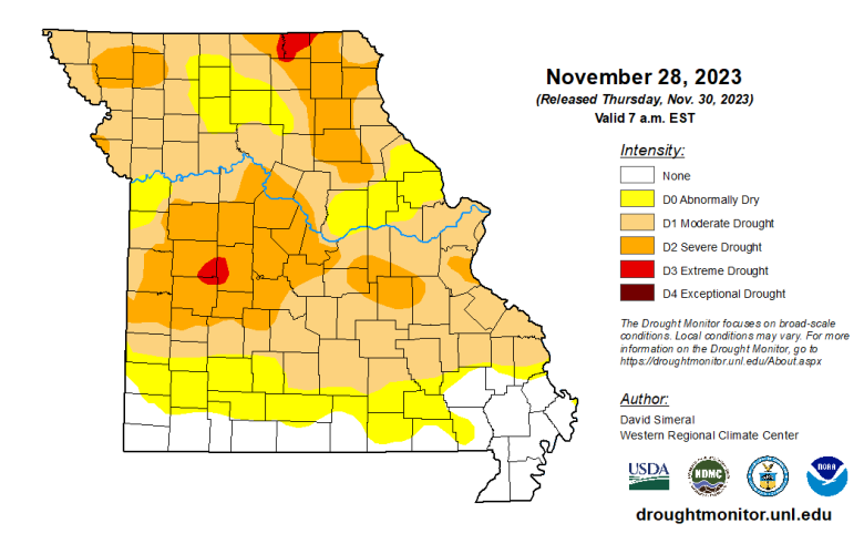 Missouri map with county lines and different colors to indicate the intensity of any drought conditions as of Nov. 28, 2023