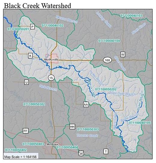 Map of the Black Creek Watershed, showing Black Creek, Baker Branch, Oak Dale Branch and Parker Branch.