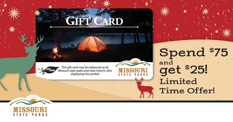 Gift card with a tent lit up at night. Green and red reindeer are on the sides. Text says “Spend $75 and get $25! Limited time offer!”