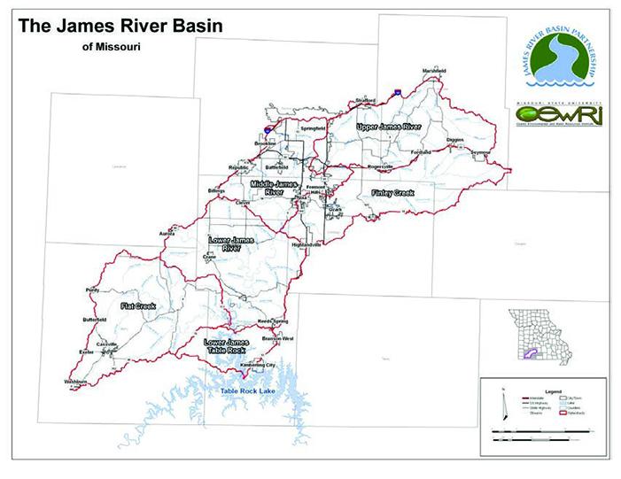 Map of the James River Basin Watershed, showing Upper James River, Finley Creek, Middle Jmes River, Lower James River, Flat Creek and Table Rock Lake subwatersheds.