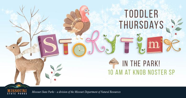 Graphic featuring a deer standing by a tree and a turkey with the word “storytime” depicted in books, clocks, letters, and ivy.