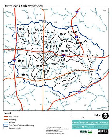 Map of the Deer Creek Watershed, showing the watershed boundary, subwatersheds, and major roadways