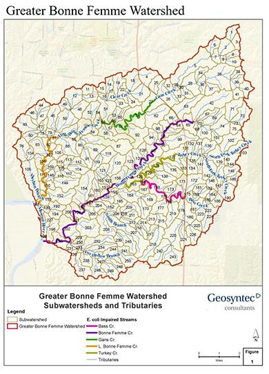 Map of the Greater Bonne Femme Watershed, showing the subwatersheds and tributaries.