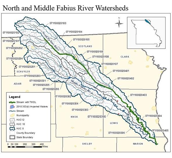 Map of the North Fabius subbasin containing the North Fabius and Middle Fabius Rivers