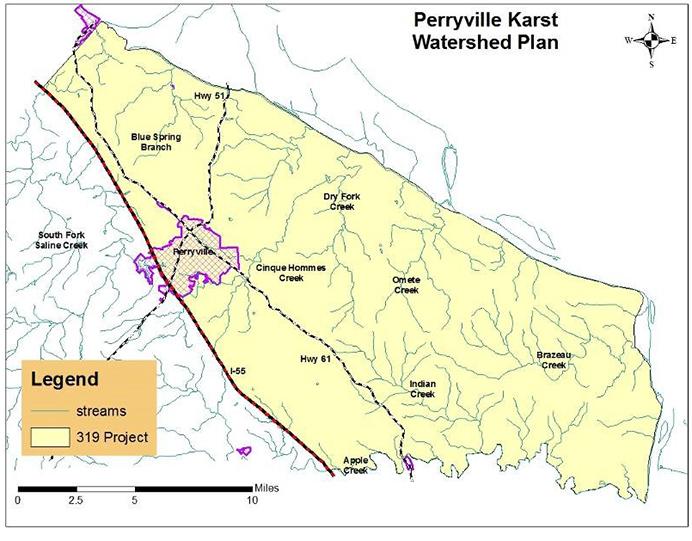 Map of the Perryville Karst project area boundary and surface stream distribution