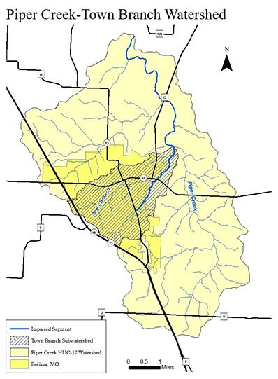 Map of the Piper Creek subwatershed, showing the Bolivar city limits and the Town Branch watershed