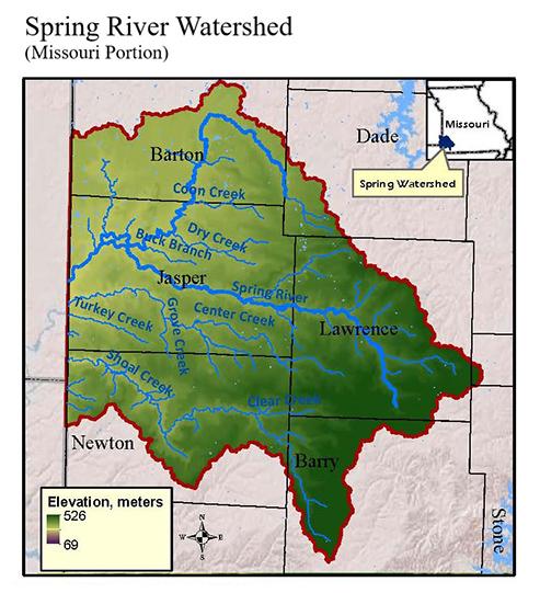 Map of the Spring River Watershed, outlining the Missouri portions of the watershed in Barry, Barton, Christian, Dade, Jasper, Lawrence and Newton counties