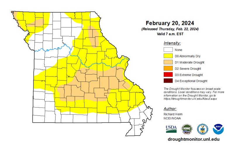 Missouri map with county lines and different colors to indicate the intensity of any drought conditions as of Feb. 20, 2024