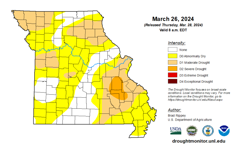 Missouri map with county lines and different colors to indicate the intensity of any drought conditions as of March 26, 2024