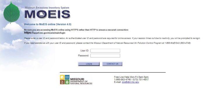 Missouri Emissions Inventory System (MoEIS) Login Screen