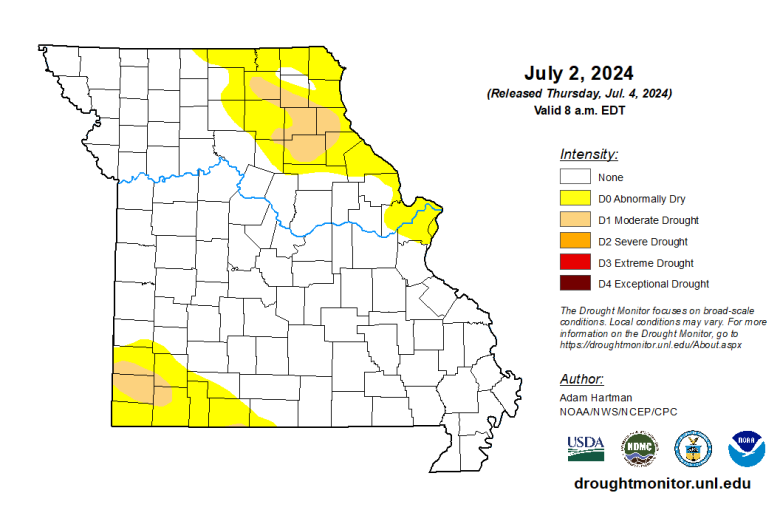 Missouri map with county lines and different colors to indicate the intensity of any drought conditions as of July 2, 2024