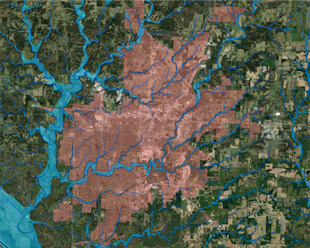 A colored map showing past flood inundation of the area around Columbia, Missouri. 