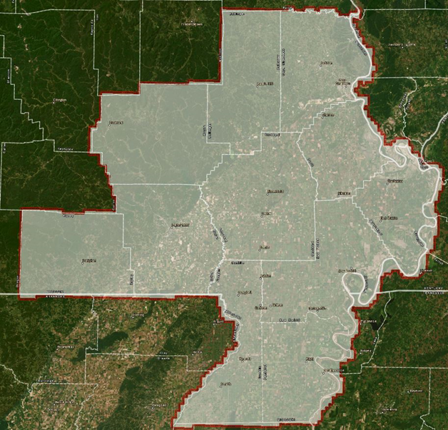 A map showing the 10 counties of southeast Missouri where LiDAR data will be updated. 