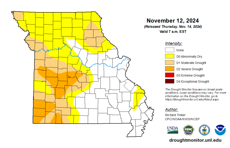 Missouri map with county lines and different colors to indicate the intensity of any drought conditions as of Nov. 12, 2024