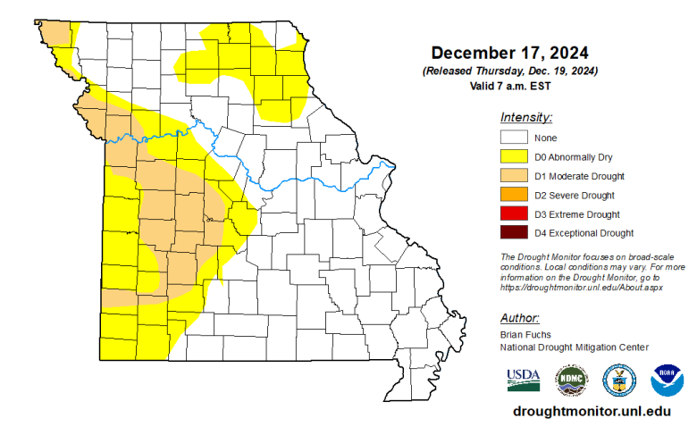 Missouri map with county lines and different colors to indicate the intensity of any drought conditions as of Dec. 17, 2024